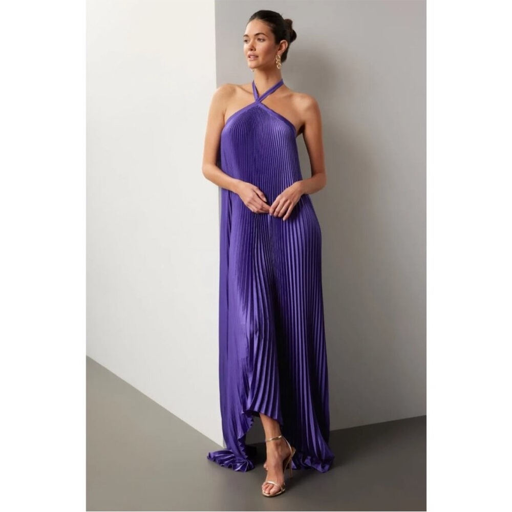 L’idee purple pleated halter gown